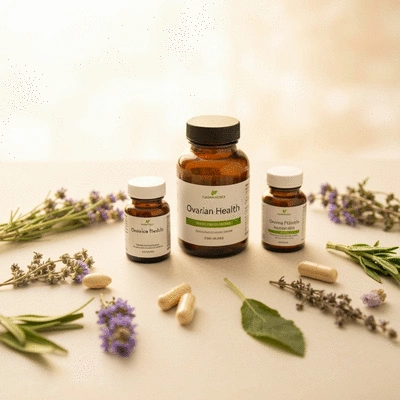 Variety of natural herbs and supplements on a gentle background, symbolizing natural remedies for ovarian health