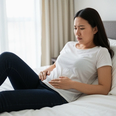 Woman experiencing pelvic pain, symbolizing ovarian cyst symptoms, in a soft, natural setting