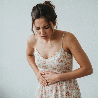 Woman holding her abdomen in discomfort, representing ovarian cyst symptoms