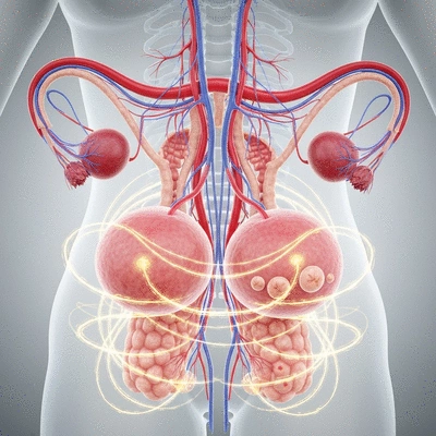 Illustration of a woman's reproductive system showing healthy ovaries and ovaries with cysts, with hormones represented by flowing energy