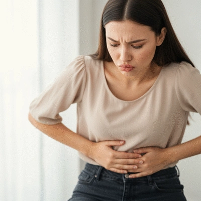 Woman experiencing lower abdominal pain, holding her stomach, in a soft and empathetic setting, no text, no words, no typography, clean image