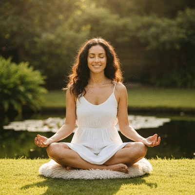 Woman meditating in a serene setting, representing mindfulness and stress reduction