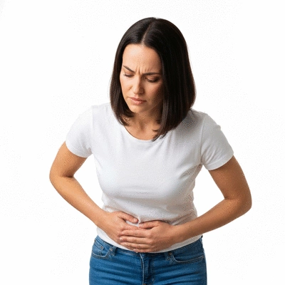 Woman experiencing abdominal discomfort, representing ovarian cyst pain