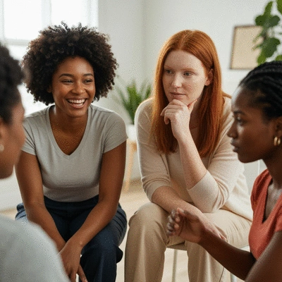 Diverse group of women in a support group setting, sharing and listening empathetically