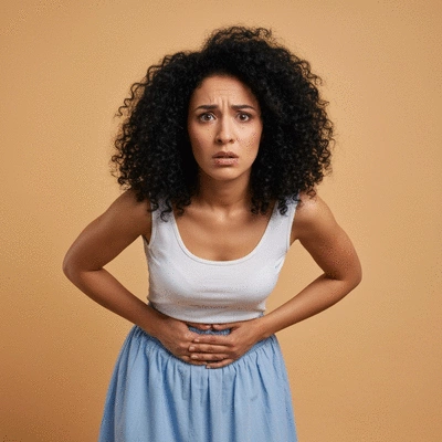Woman holding her lower abdomen, indicating pelvic pain, with a concerned expression, soft lighting