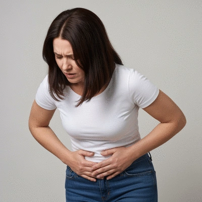 Woman holding her lower abdomen in discomfort, representing ovarian cyst symptoms