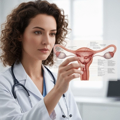Woman looking at a diagram of the female reproductive system with focus on ovaries