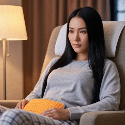 Woman relaxing with a heating pad on her abdomen and a cup of herbal tea, symbolizing period pain relief