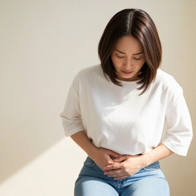 Woman holding her lower abdomen, illustrating pelvic pain