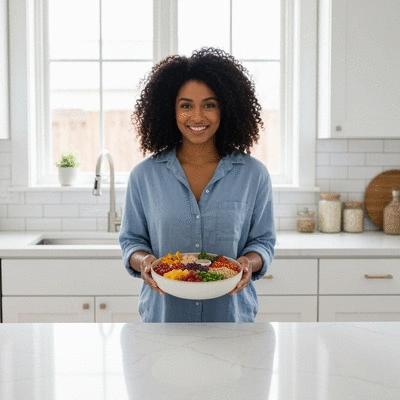Woman holding a bowl of healthy food, representing hormone-friendly eating