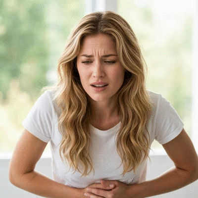 Woman experiencing abdominal discomfort, holding her stomach, looking concerned