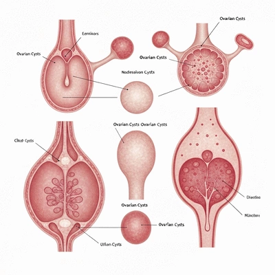 Scientific illustration of different types of ovarian cysts, clearly labeled