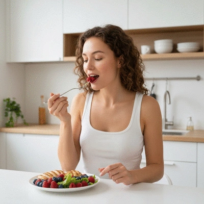Woman enjoying a healthy salad with berries and chicken, representing a balanced diet
