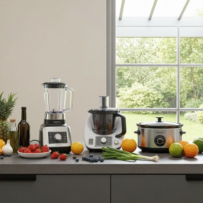 Kitchen counter with various kitchen gadgets like a blender and food processor