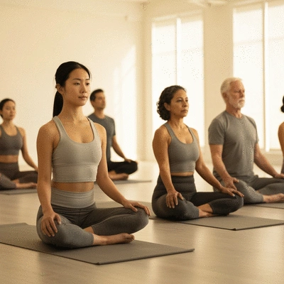 Diverse group of women in a bright, modern studio participating in a gentle movement or yoga class, smiling and focused