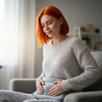 Woman comfortably applying a heating pad to her lower abdomen, in a cozy home setting, no text, no words, no typography, clean image