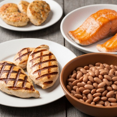 Variety of lean protein sources like chicken, salmon, and lentils on a clean background