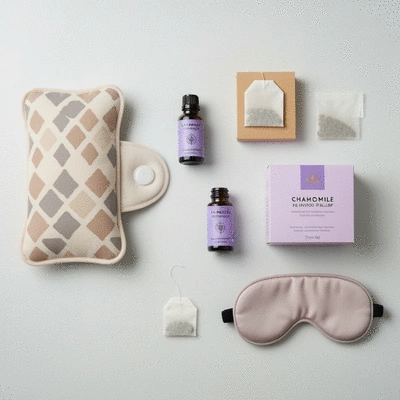 Collection of self-care items like a small heating pad, essential oil bottle, and herbal tea on a clean background