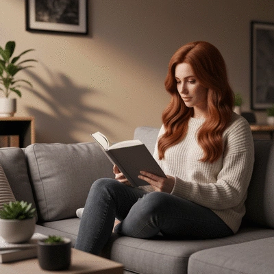 Woman reading a self-help book on a comfortable couch, cozy home setting, soft lighting, no text, no words, no typography