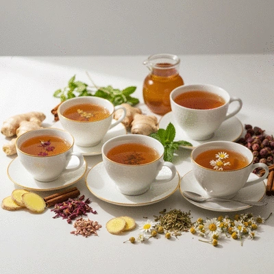 Various herbal teas being brewed in delicate teacups, surrounded by dried herbs and fresh ingredients like ginger and chamomile, bright and natural light