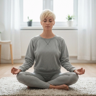 Woman meditating peacefully in a calm environment, representing mindfulness for well-being