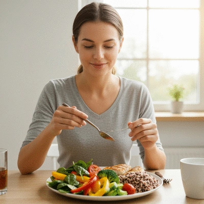 Woman enjoying a balanced meal with vegetables, lean protein, and whole grains