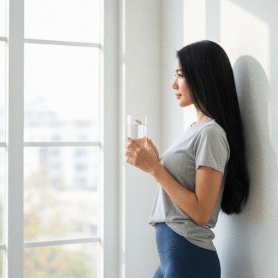 Woman holding a glass of water with a supplement pill, representing ovarian health