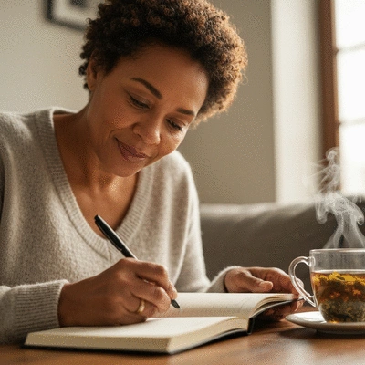 Woman writing in a wellness journal, focusing on self-care and symptom tracking