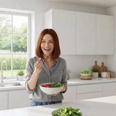 Woman enjoying a bowl of berries and leafy greens