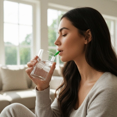 Woman taking an organic CBD capsule with a glass of water, natural setting