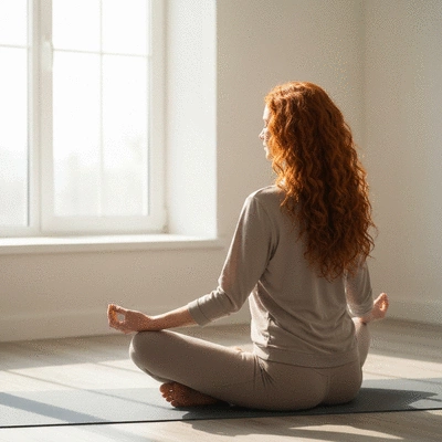 Woman meditating or practicing yoga, representing stress management and holistic wellness