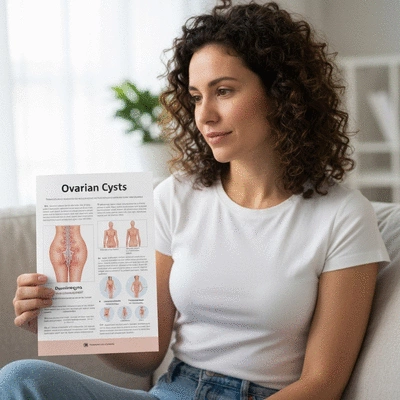 Woman holding a pamphlet about ovarian cysts, focused on health education