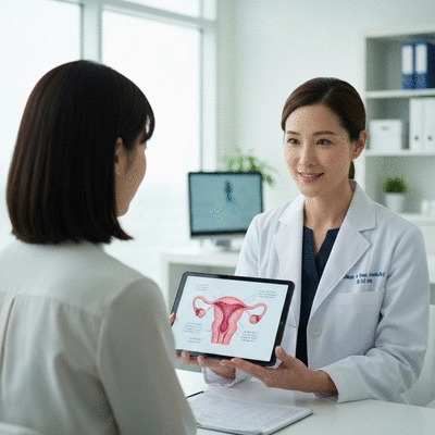 Woman consulting with a female doctor, discussing a diagram of ovarian health, in a modern clinic setting