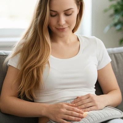 Woman holding a heating pad to her lower abdomen, illustrating relief from ovarian cyst pain