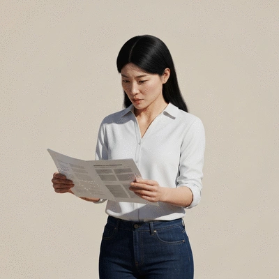 Woman looking thoughtfully at a medical report, clean background, indicating health understanding