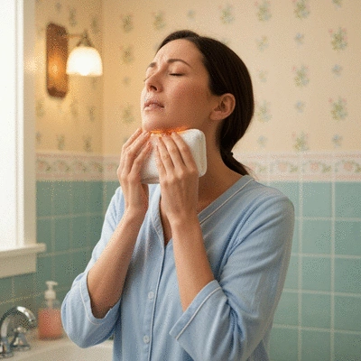 Woman applying a warm compress to her abdomen for pain relief, serene and comfortable setting